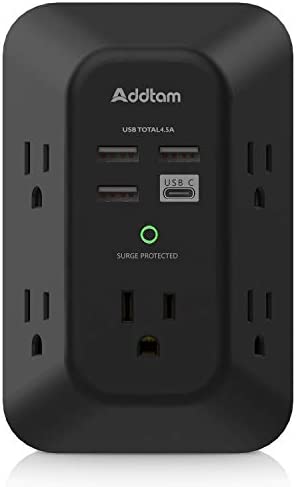 Addtam 5 Outlet Extender with 4 USB Charging Ports: 3-Sided 1800J Power Strip Multi Plug Outlets Adapter, Widely Spaced USB Wall Charger Surge Protector.