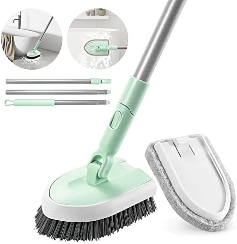 2 in 1 scrubber for cleaning bathroom, tub and tile with interchangeable brush attachment.