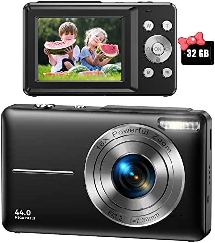 Digital camera for kids with 16x zoom, 1080p FHD, 32GB SD card, compact design.