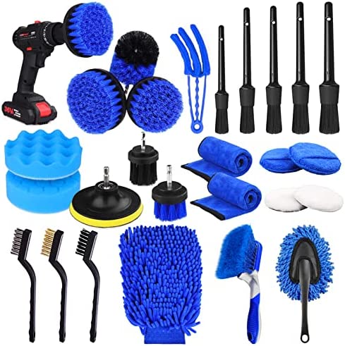 26-pc car detailing kit for interior/exterior/wheels, incl. brushes & buffing sponge pads.