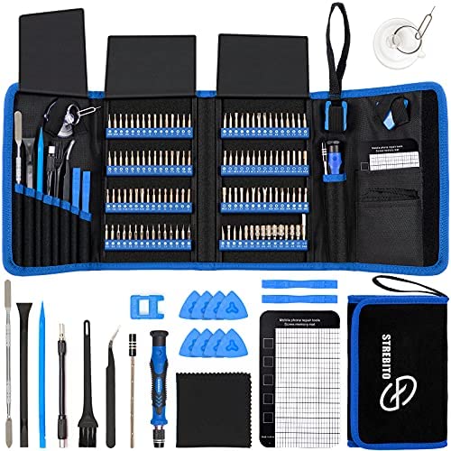 142-piece electronics precision screwdriver set for repairing devices like iPhones, laptops and game consoles.